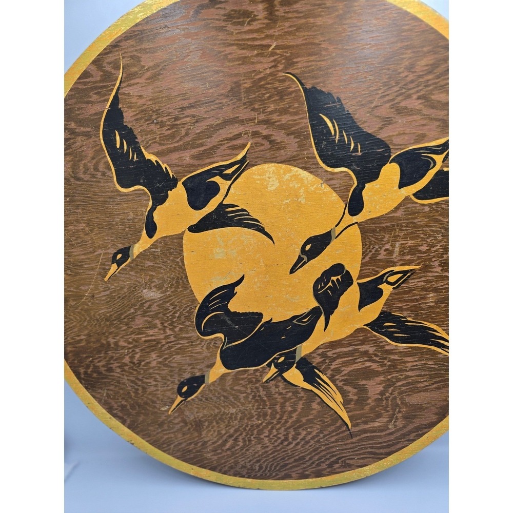 Vintage Round Wooden Wall Art Flying Ducks Sun Decor Rustic Home Accent 21in - Picture 2 of 12